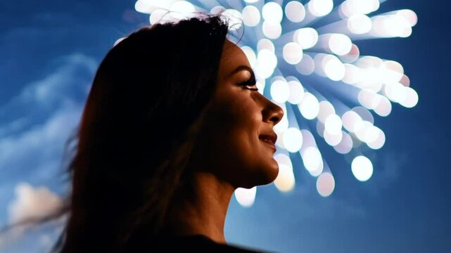 Side profile of a woman watching fireworks at night, capturing her joyful expression and the vibrant celebration in the background.