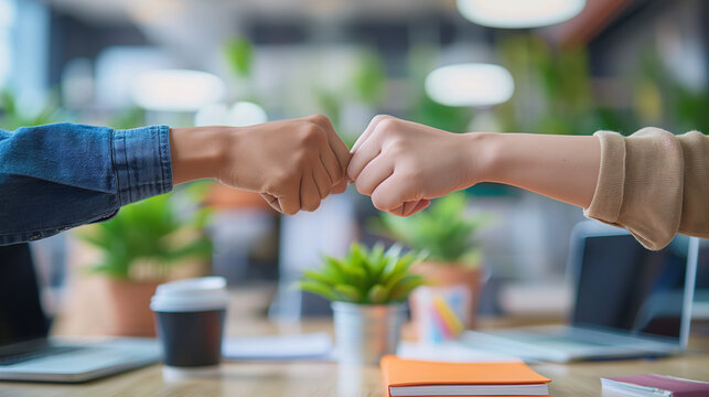 Two Diverse Colleagues Fist Bumping in Modern Office with Plants and Laptops