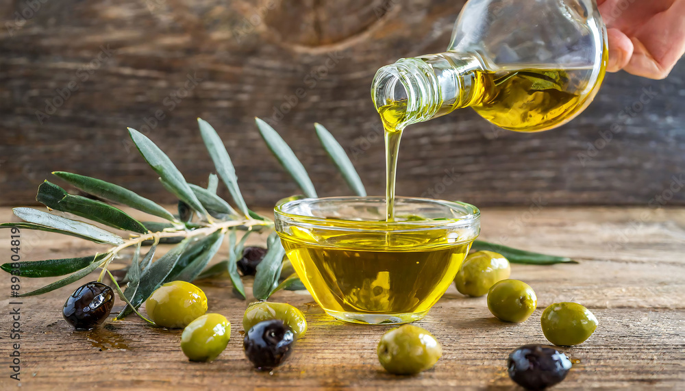 Wall mural Extra Virgin Olive Oil Pouring into a Clear Bowl with Olives and Branches