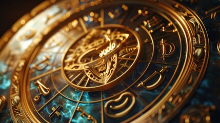 Obraz premium A gold and blue clock with a circle in the middle with the numbers