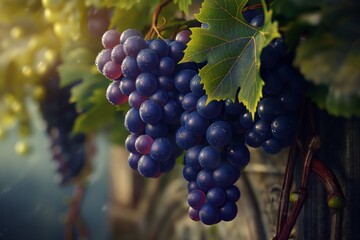 Ripe blue grapes on vineyards in autumn harvest at sunset