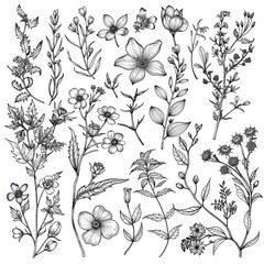 set of outline illustrations of single-color drawings of flowers and assorted plants
