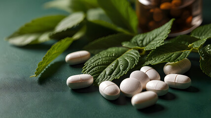 Dietary supplements pills with plant leaves on green background. Concept of healthy lifestyle, taking vitamins, nutritional supplements, minerals