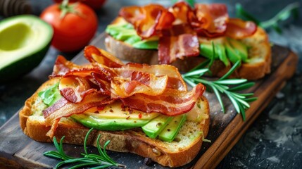Avocado and Bacon Toast on a Wooden Cutting Board