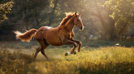 A brown horse is running through a field of grass