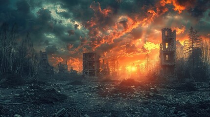 Post-Apocalyptic Sunset over Abandoned Ruins
