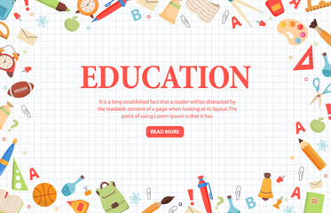 School supplies.Back to school. Education hand drawn symbols. school icon.Design for web, site, advertising, banner, poster.Stationery elements. Office supplies.Sports equipment.Backpack school.