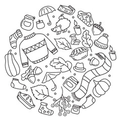 Obraz premium Set of autumn elements round frame. Autumn forest and garden collection.Fall season.Hand drawn vector illustration.Autumn clothing. Casual wears.Rainy season accessories. Autumn scrapbook bundle.