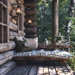 The cozy porch of this log cabin with its sofa and wildflowers is the perfect place to relax rustically in the embrace of nature.