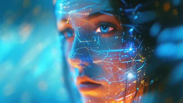 A young woman's face is enveloped in digital patterns and neon lighting. The scene suggests a futuristic and cybernetic theme, likely set in a digital or sci-fi context. Her expression is