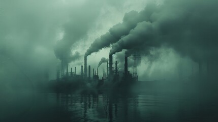 A factory spews thick smoke into the overcast sky the water below reflecting the eerie scene