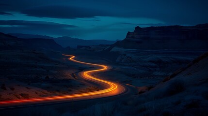 Fototapeta premium Winding Road through a Desert Landscape at Night