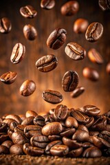 Fototapeta premium Coffee beans scattered on a wooden surface.