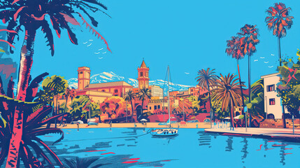 Obraz premium Risograph artsy riso print travel poster, card, wallpaper or banner illustration, modern, isolated, clear, simple of Alicante, Spain. Artistic, screen printing, stencil