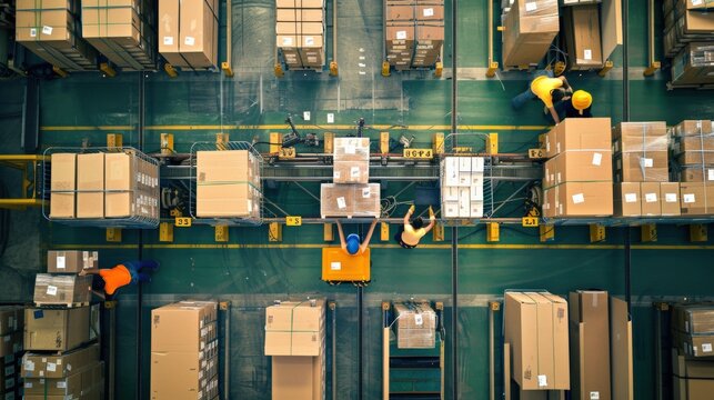 Showcase the global impact of industrial manufacturing with photos of workers packaging goods for shipment to international markets.