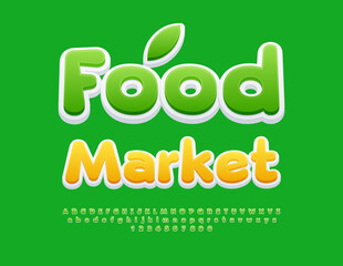 Vector business advertisement Food Market. Cool Green Font. Bright Alphabet Letters and Numbers set.