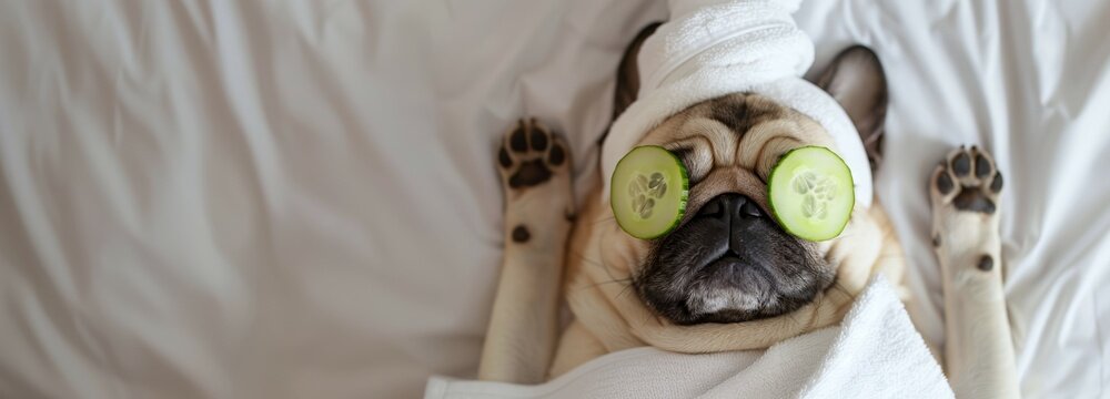 pug dog lying relaxed on its back wrapped in white towel with slices of cucumber over its eyes on white sheet.concepts: spa and beauty salon promotion, humorous content for pet-related advertising