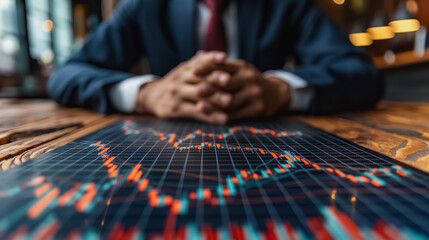 The Weight of the Market: A businessman contemplates the volatile stock market, his hands clasped before a glowing digital chart reflecting the uncertainty of financial decisions. 
