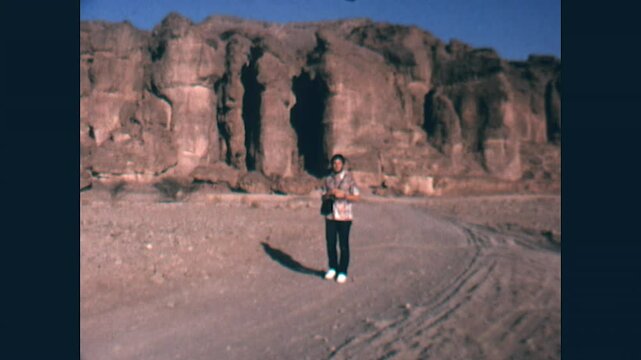Visiting Solomon's Pillars 1975 - A man visits Solomon's Pillars, a set of naturally formed sandstone cliffs, in the Timna Valley of southern Israel, in 1975.