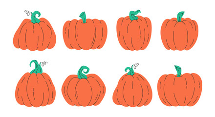 Cute colorful pumpkins. Autumn harvest, hello autumn. Halloween pumpkins. Thanksgiving Day. Vector illustration in flat style