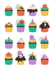 Cute Halloween cupcakes with eyes, spider, web, ghost, pumpkins, bones. Happy Halloween. Trick or treat. Vector illustration in flat style