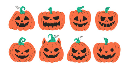Cute and scary Halloween pumpkins, Jack o'lantern. Happy Halloween, trick or treat. Vector illustration in flat style