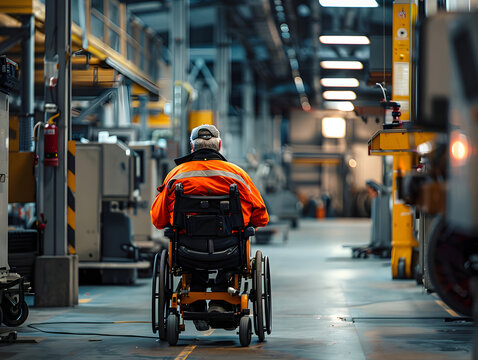 Caucasian man in a wheelchair working in a warehouse.  - Powered by Adobe