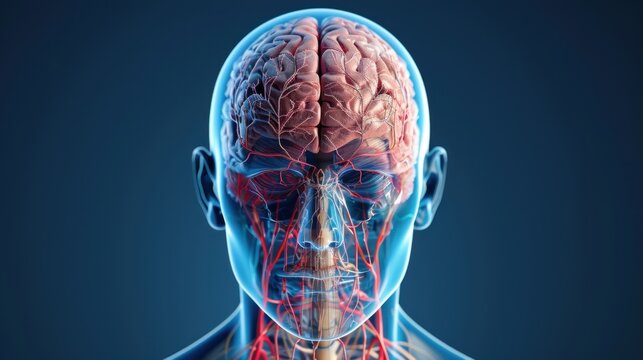 A close up of a brain with red veins