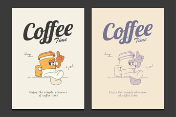 retro 30s poster or graphic t-shirt design with a coffee cup mascot cartoon character, vector illustration