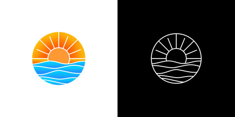 Water wave sea sun circle logo. line outline sunset ocean logo