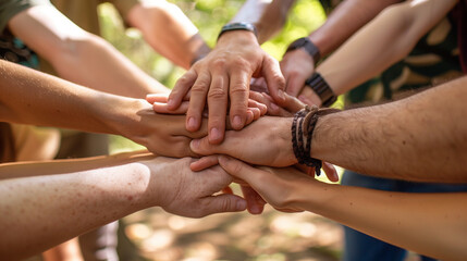 Team building exercise with closeup of team stacking hands
