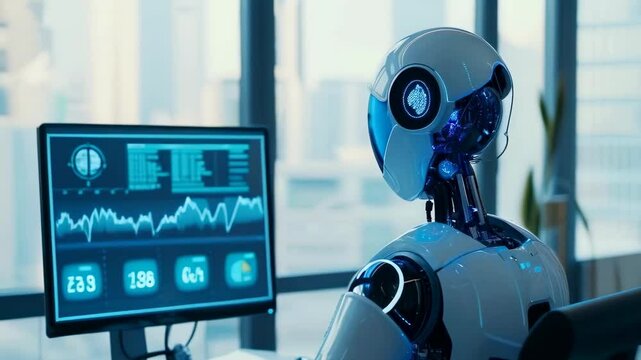 A humanoid robot is seated at a desk in a contemporary office, examining data on a computer screen displaying various analytics. The environment is well-lit with cityscape views through large windows.