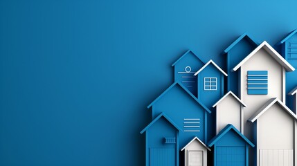 Stylized blue and white houses arranged in a row on a blue gradient background