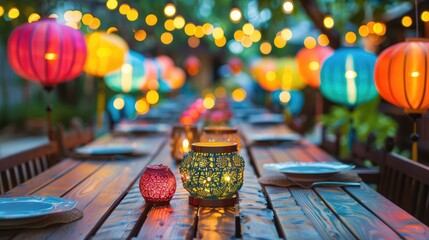 Summer party: vibrant lanterns on wood table