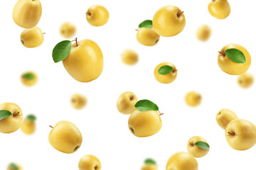 Falling yellow Apple isolated on white background, selective focus