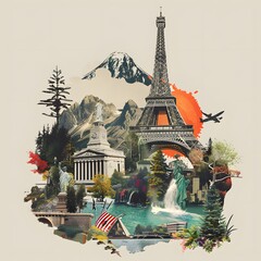 A creative collage of various travel destinations with iconic landmarks, cultural symbols, and natural wonders from around the world. 