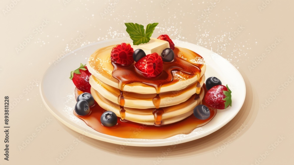 Canvas Prints A stack of pancakes with blueberries and strawberries on top