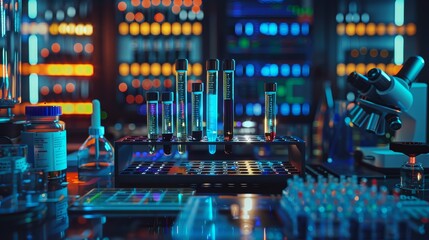 Cutting-edge gene editing lab with holographic displays, top view, illustrating modern biotech processes, digital binary as object, Analogous Color Scheme