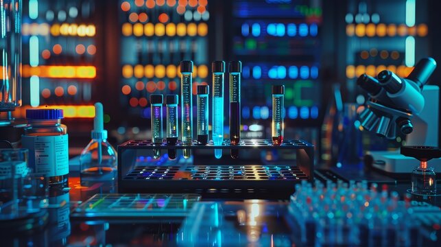 Cutting-edge gene editing lab with holographic displays, top view, illustrating modern biotech processes, digital binary as object, Analogous Color Scheme