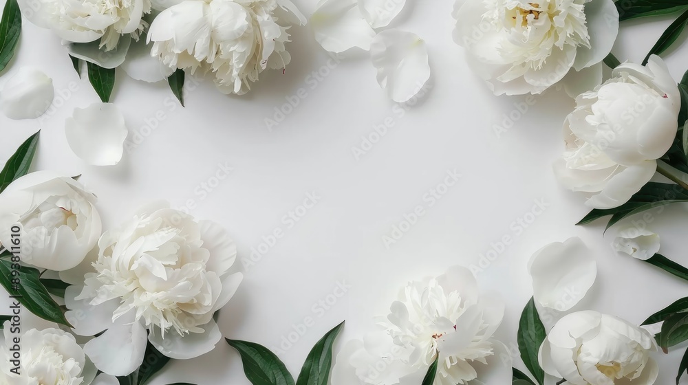 Poster white peonies arranged in a circular border with open space for text flat lay top view floral mockup
