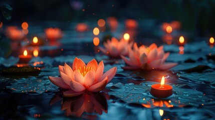 many lotus flowers and candles with light outdoor