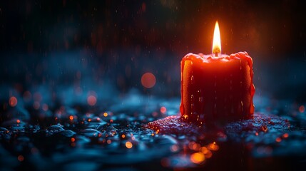 Red Candle Burning in Rain, Loneliness and Resilience Concept, Strength and Solitude