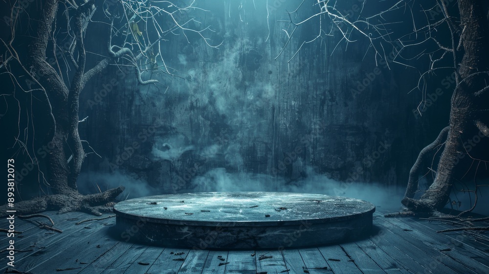 Aufkleber a circular stone platform surrounded by fog and dead trees creating an eerie and mystical forest set