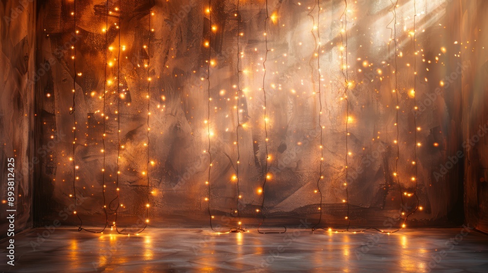 Poster a rustic wall illuminated by string lights creating a warm and festive ambiance