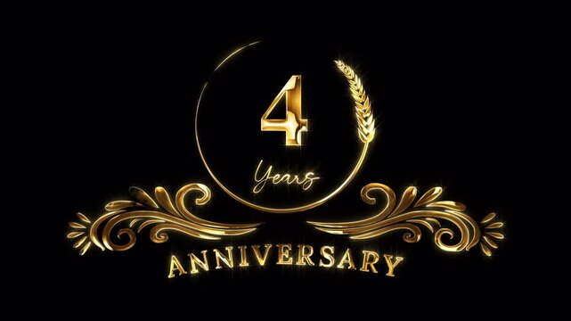 4th Anniversary Celebration. Happy 4 Years Anniversary Animation in Gold Color on the Transparent Background, Alpha Channel. Great for greetings, celebrations, events, and gifts.