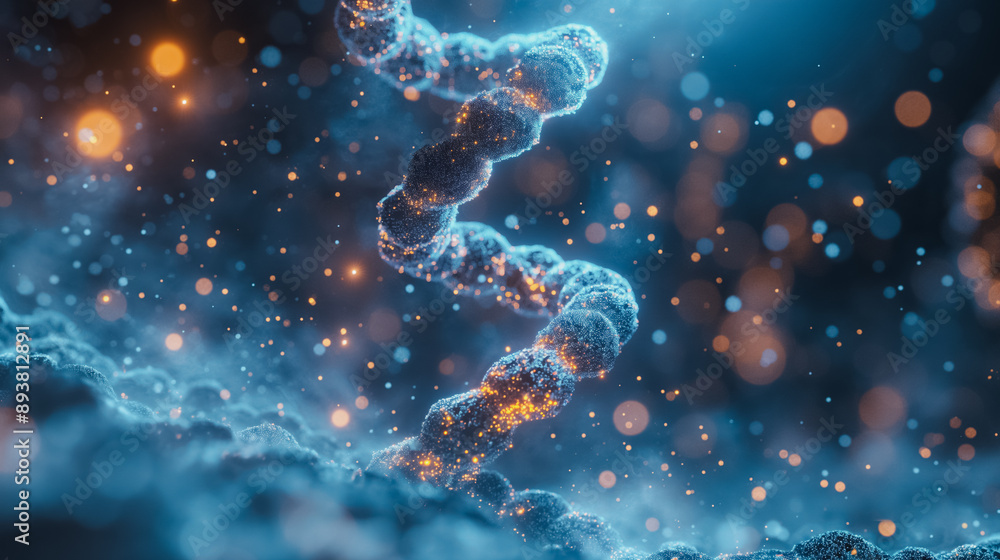 Poster dna helix: a stunning 3d rendering of a dna helix, shimmering with ethereal glow and surrounded by a