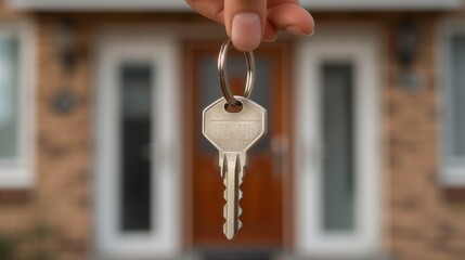 A hand holds a key in front of a house entrance