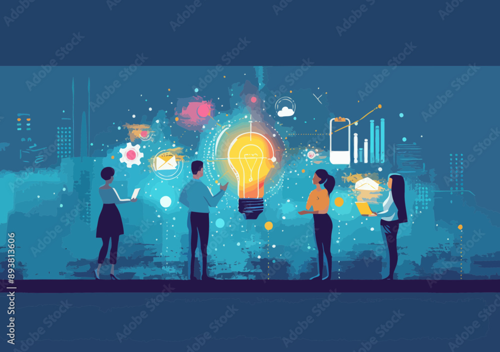 Poster collaborative business brainstorming session with four professionals discussing innovative ideas and