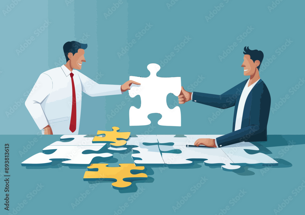 Poster business leaders completing puzzle representing teamwork and problem solving in a minimalistic offic