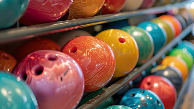 Detailed shot of the bowling ball rack with its neat rows of balls in various colors and weights.